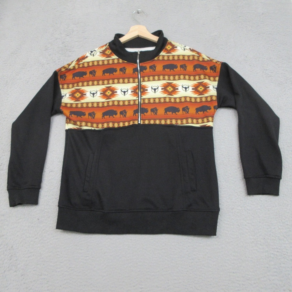 Buffalo Bison Western Sweatshirt Mens Large Black 1/4 Zip Tribal Aztec Pockets
